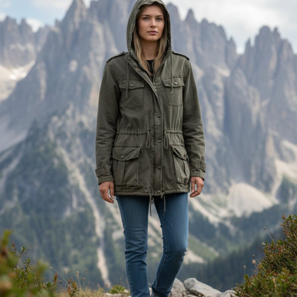 Talula Aritzia Utility Anorak Jacket Hooded Drawstring Olive Green Small Cotton